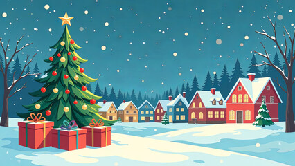 Obraz premium Festive winter wonderland with christmas tree and snowy village scene
