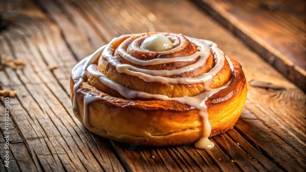 Poster a freshly baked cinnamon roll with a generous layer of icing, sitting on a rustic wooden table, exud