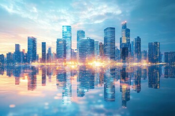 Fototapeta premium Cityscape at Sunrise with Skyscrapers Reflecting in Calm Water, Highlighting Urban Beauty and Modern Architecture