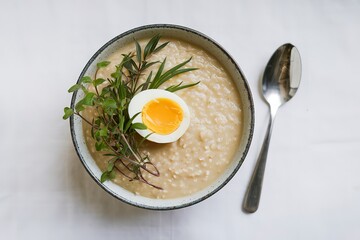 porridge with a soft-boiled egg and fresh herbs