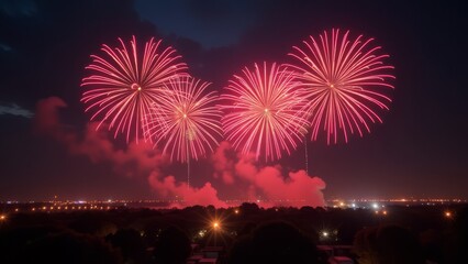 Obraz premium Spectacular red firework display illuminates night sky over cityscape
