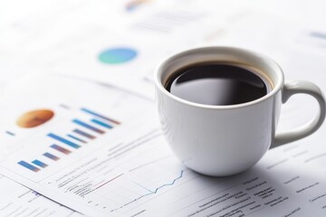 Close-Up of Coffee Cup on Marketing Report with Graphs and Charts, Representing Business and Productivity