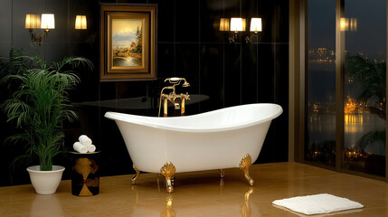 Luxurious bathroom with sparkling bathtub and elegant decor