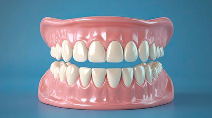 Obraz premium 3D image of white teeth on blue, ideal for dental care concepts with copy space for healthcare promotions.
