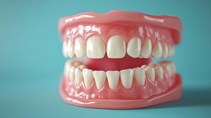 Fototapeta premium 3D model of healthy white teeth on a blue backdrop, representing oral care with space for promotional text.