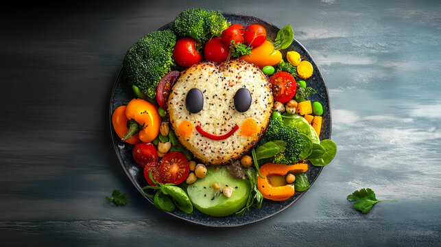 Healthy Food Art: Smiley Face Plate with Vegetables and Quinoa for Mood Enhancement