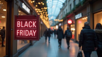 Black friday shopping: busy mall with festive lights and discount signs