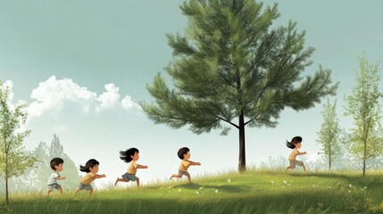 Children playing in a peaceful forest landscape