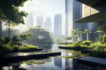 Fototapeta premium Urban Rooftop Garden with Panoramic Skyscraper View