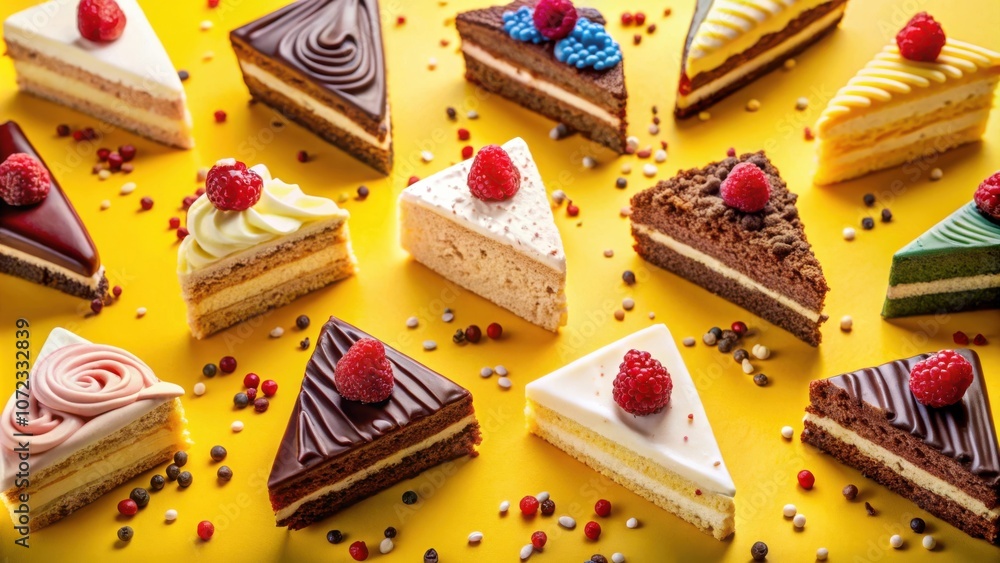 Poster a colorful assortment of delectable cakes adorned with fresh raspberries, each showcasing a unique f