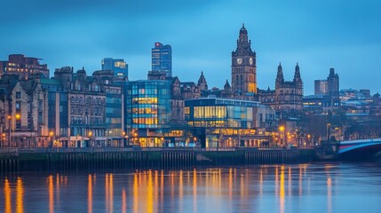 Fototapeta premium Urban Skyline Fusion, a captivating blend of contemporary and traditional architecture, beautifully illuminated at dusk, showcasing the charm of city life during twilight.