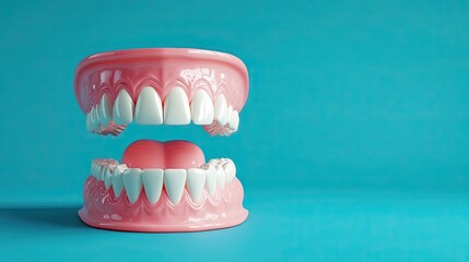 Obraz premium Bright 3D model of teeth against blue background, representing dental health with open space for text.