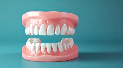 Obraz premium Bright 3D model of teeth against blue background, representing dental health with open space for text.