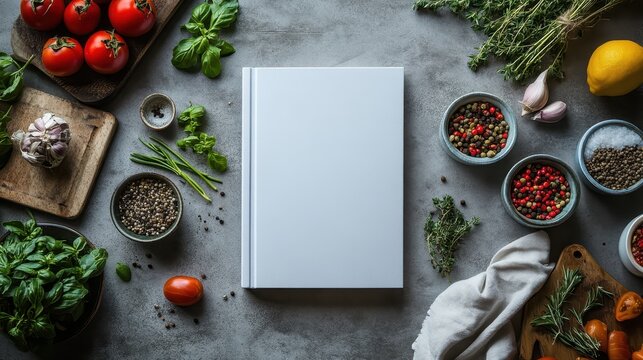 Blank white book cover mockup on a kitchen table surrounded by fresh herbs and food ingredients. AI generative