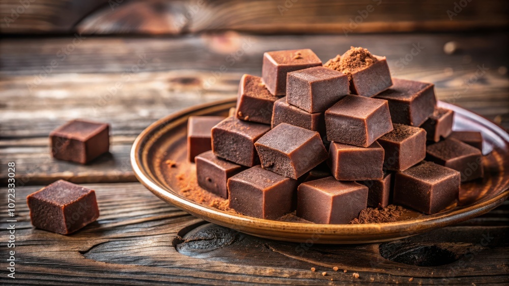 Poster A close-up of a pile of dark chocolate squares dusted with cocoa powder on a rustic wooden table