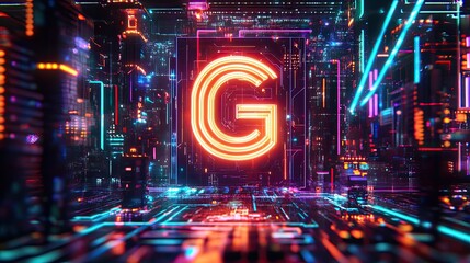 Obraz premium Bright neon 6G icon on an advanced circuit board, digital lines and lights adding a sci-fi effect, in vertical orientation.