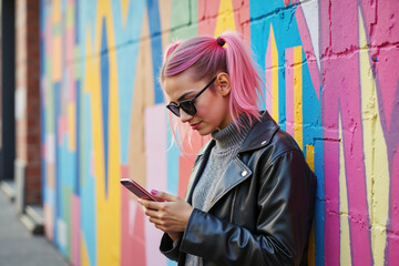 Trendy young woman with pink hair using smartphone against vibrant urban graffiti wall.