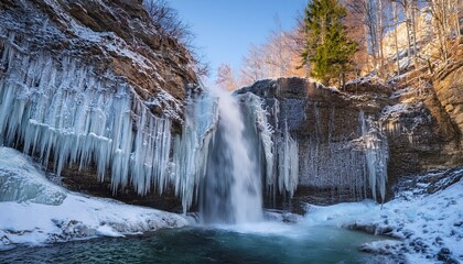 Gefrorener Wasserfall bei Sonnenuntergang