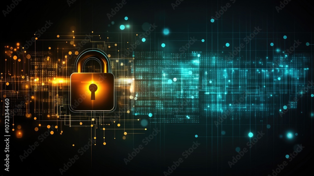 Poster cybersecurity concept with a digital padlock on a dark backdrop, surrounded by glowing code and neon