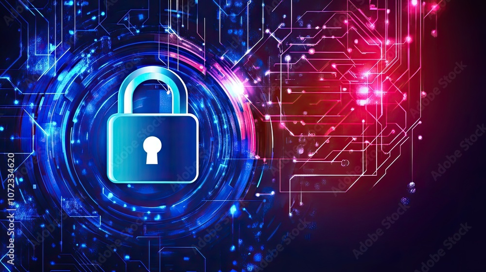 Poster cybersecurity concept with a digital padlock on a dark backdrop, surrounded by glowing code and neon
