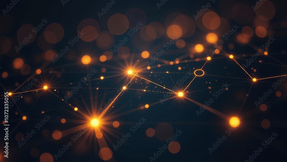 Poster glowing network connections with abstract digital light nodes on dark background