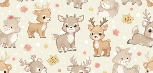  Cartoon Baby Deer with Floral Details in a Repeated Whimsical Pattern