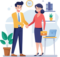 People shaking hands at work - Two businesspeople, man and woman doing handshake in office at work while smiling over business agreement and deal. Flat design stock illustration on white background