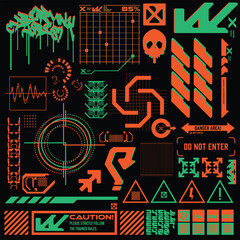 Obraz premium cyberpunk scifi gaming futuristic icon pattern HUD ux ui set collection template, 2d illustration rendering vector element