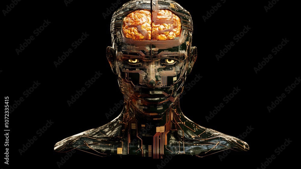 Poster digital male ai figure with bright circuit patterns and a neural-networked brain, symbolizing the ev