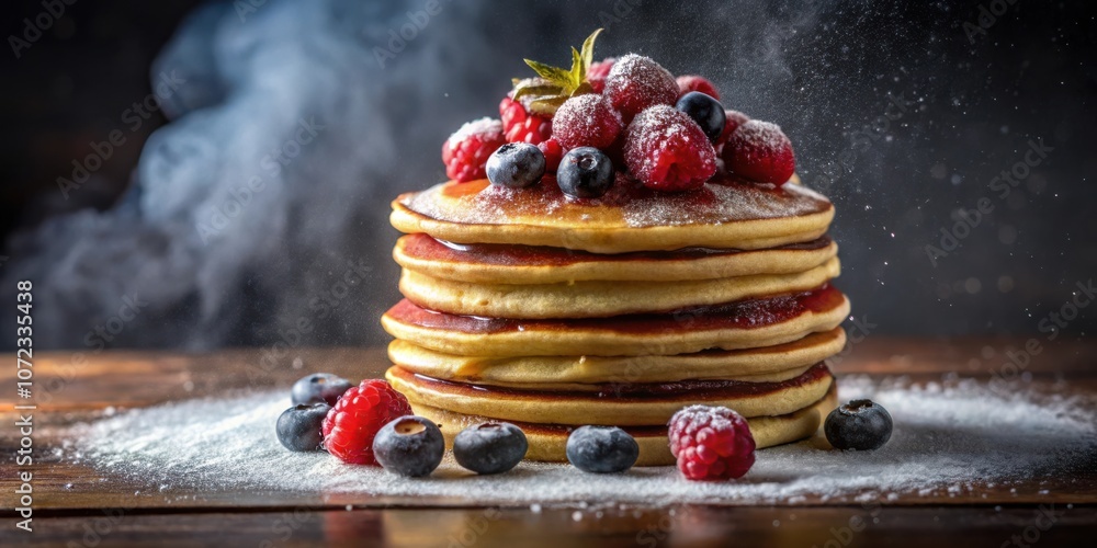 Poster a stack of pancakes, dusted with powdered sugar and topped with fresh berries, with a touch of smoke