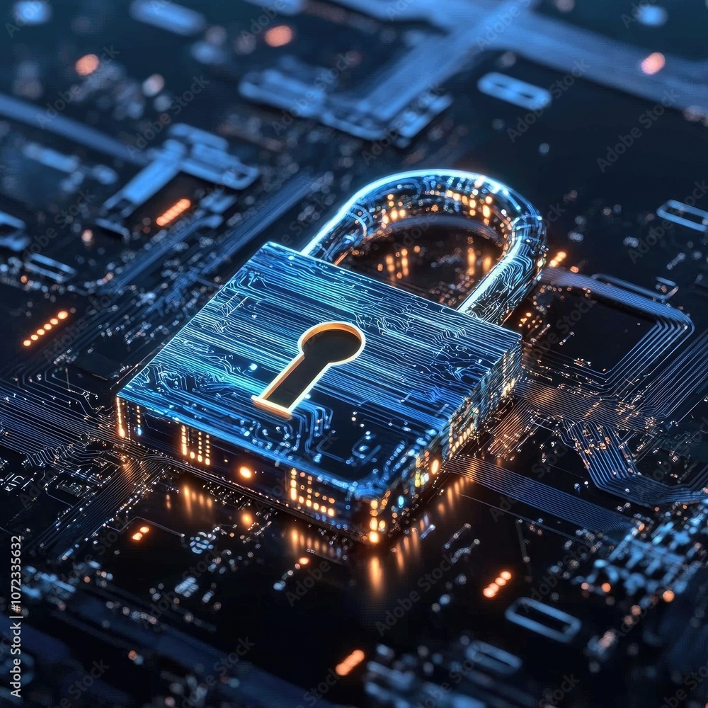 Poster digital padlock on dark background with cybersecurity elements