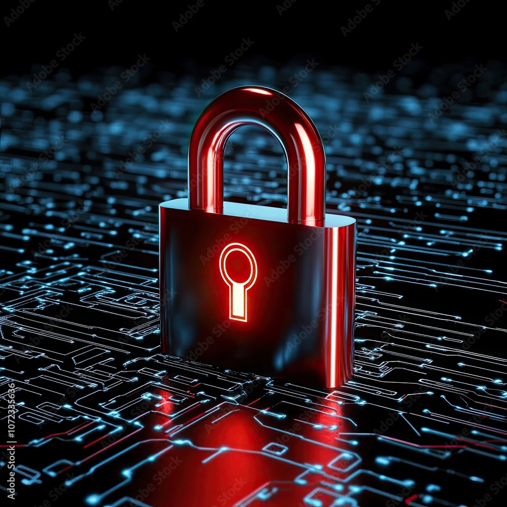 Poster digital padlock on dark background with cybersecurity elements