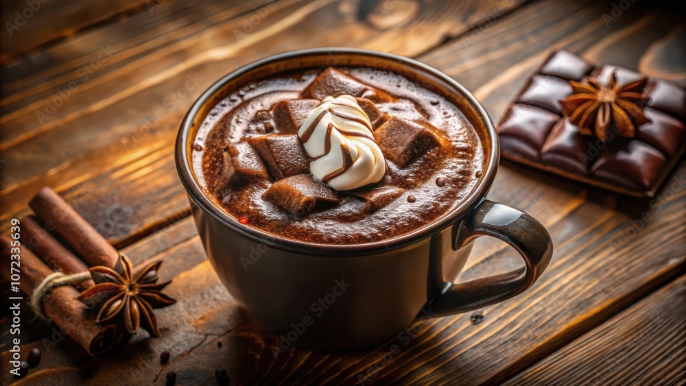 Poster a mug of rich hot chocolate with a swirl of whipped cream and chunks of chocolate on a rustic wooden