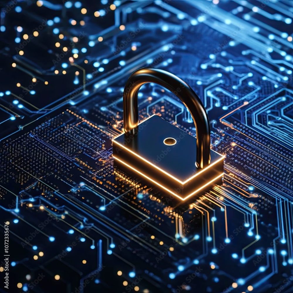 Poster digital padlock on dark background with cybersecurity elements