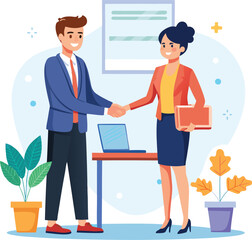 Fototapeta premium People shaking hands at work - Two businesspeople, man and woman doing handshake in office at work while smiling over business agreement and deal. Flat design stock illustration on white background