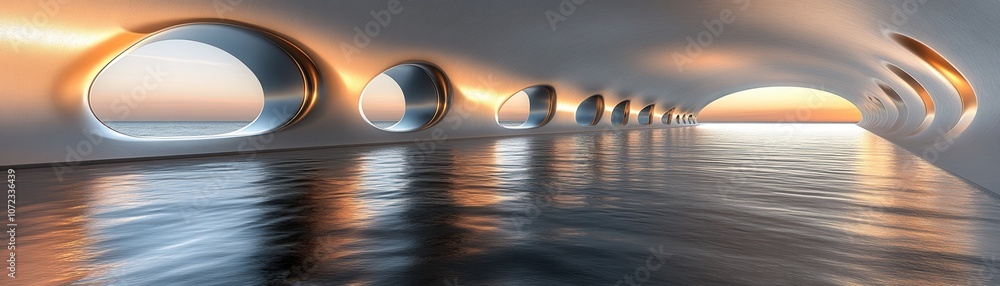 Poster a futuristic architectural design featuring flowing lines and an expansive view of tranquil water re
