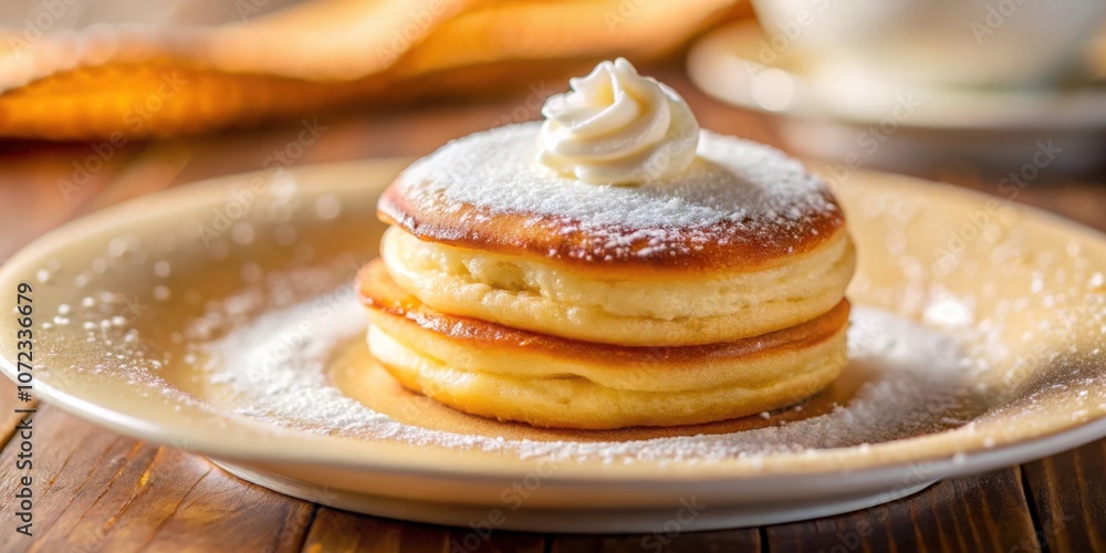 Poster a stack of fluffy pancakes topped with whipped cream and a dusting of powdered sugar, served on a cr
