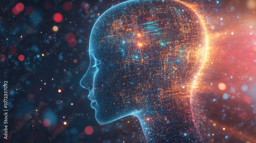 Poster futuristic ai profile of a human head with glowing neural network patterns, digital circuits illumin