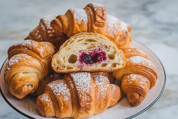 Fototapeta premium a plate of freshly baked pastries, with a focus on croissants