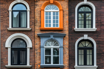 Fototapeta premium Colorful architectural windows on a brick building showcase urban design creativity
