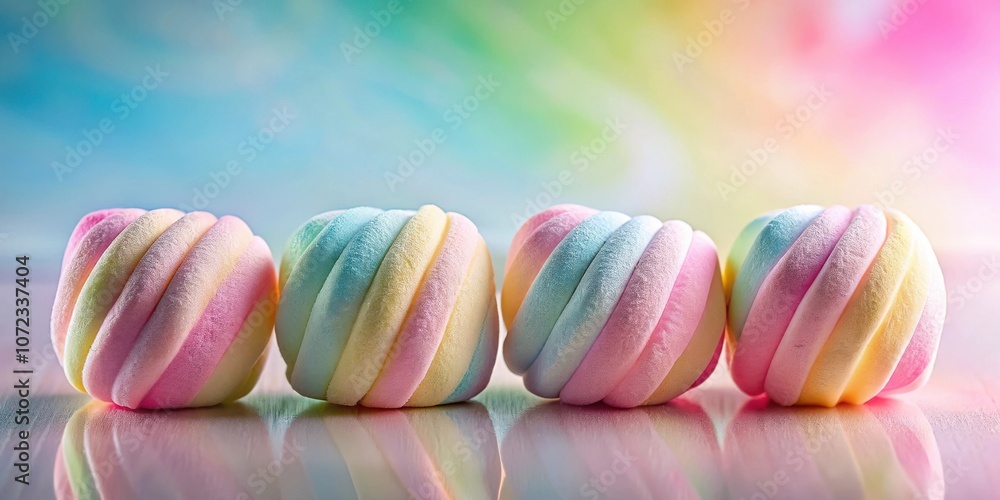 Poster A Row of Colorful Marshmallows with a Swirled Design and a Soft, Delicate Texture on a Smooth Reflective Surface