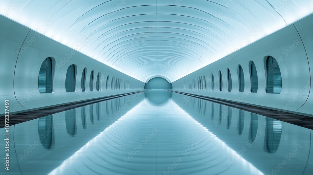 Poster a futuristic, minimalist architectural space featuring smooth lines and serene lighting, creating a 