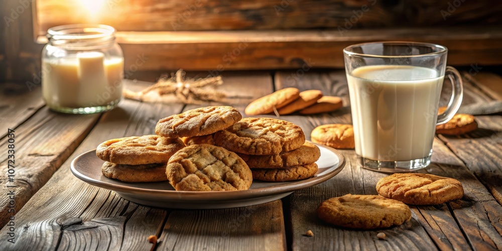 Poster a rustic table setting featuring a glass of milk and a plate of freshly baked cookies, a perfect pai