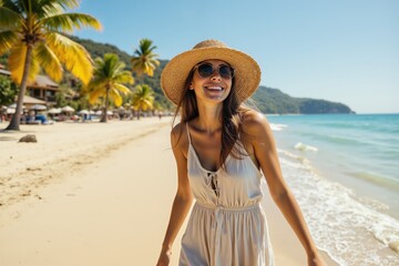 Joyful woman enjoying a sunny beach day in a summer dress and straw hat.