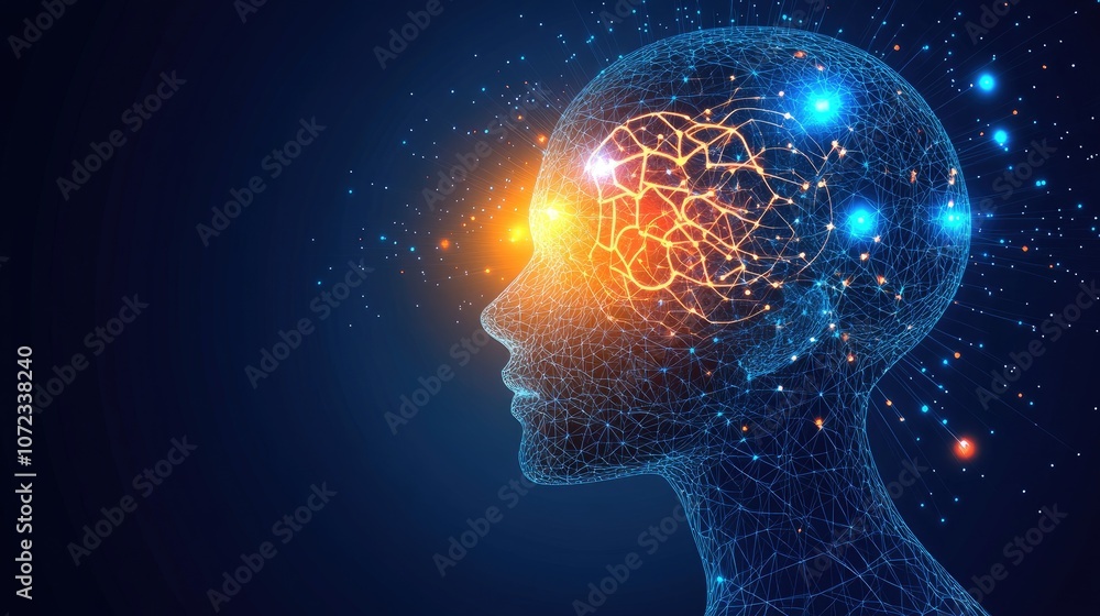 Poster futuristic human ai head with intricate neural network lines and luminous circuits, radiating intell