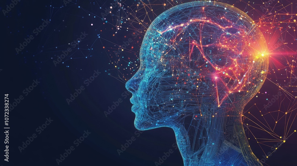 Poster futuristic human ai head with intricate neural network lines and luminous circuits, radiating intell