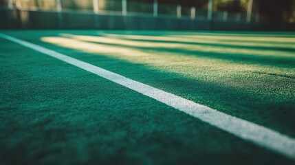 Close-up of a green sports field with white line markings