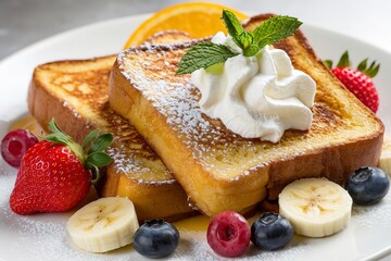 a delightful plate of food with golden-brown slices of French toast