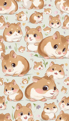  Cartoon Hamsters Snuggling in a Whimsical Pastel Pattern