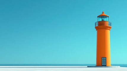 An orange lighthouse, minimalist style, bright blue sky. Generative AI.